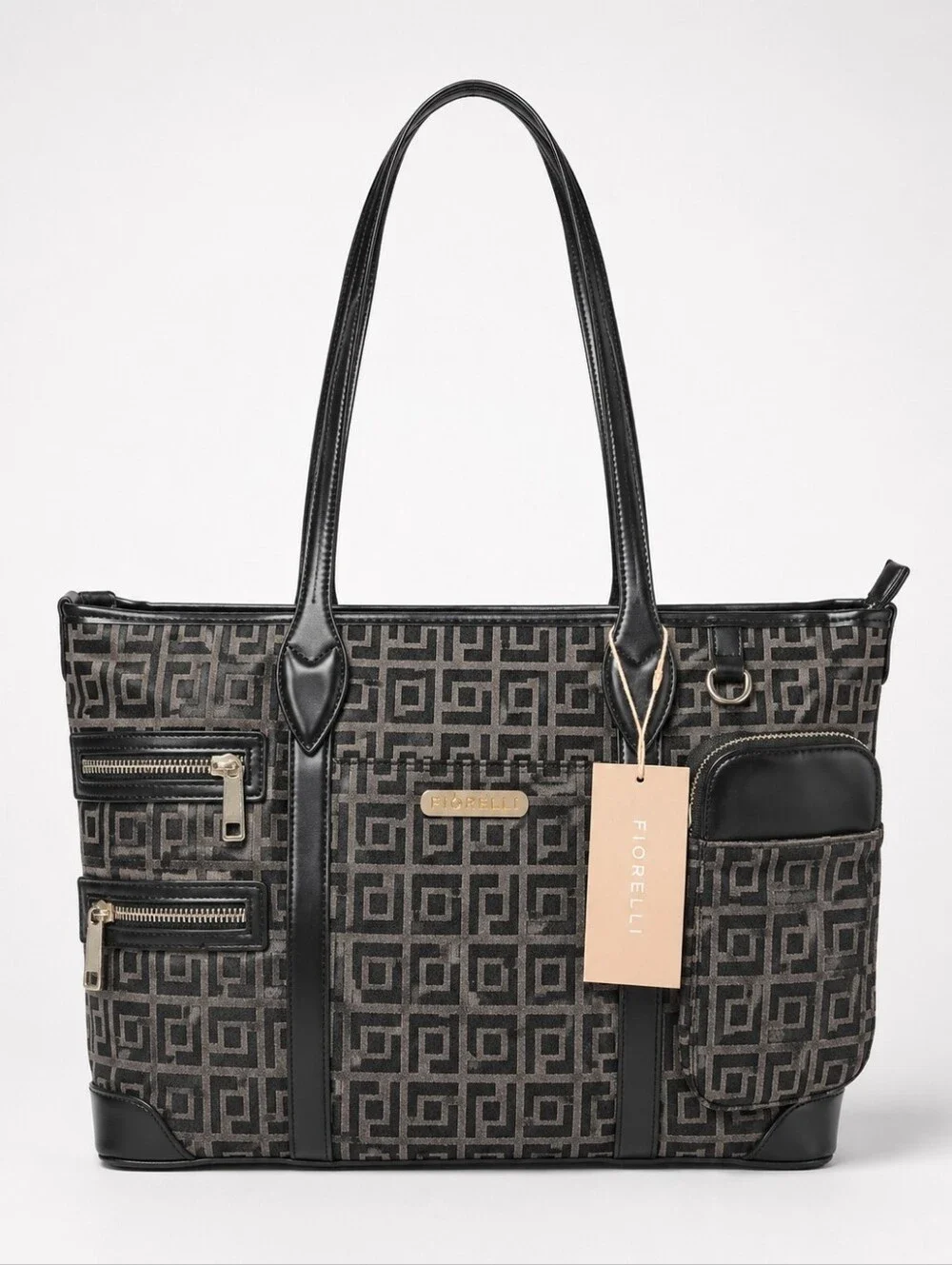 Fiorelli Black Taupe Geometric Multi Pocket Tote Bag NWT